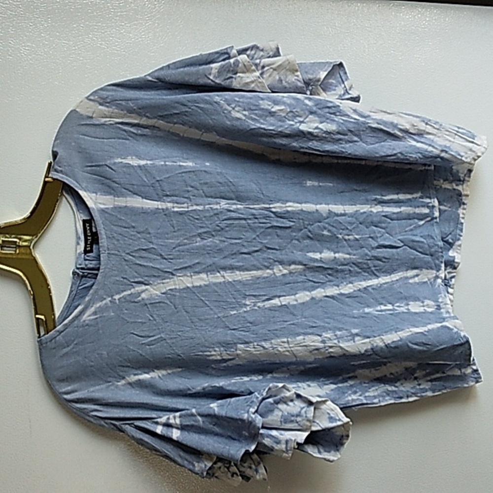 Style Envy Blue White Tie Dye Crop Flounce Short Sleeve Boho Hippie‎ Top Lrg